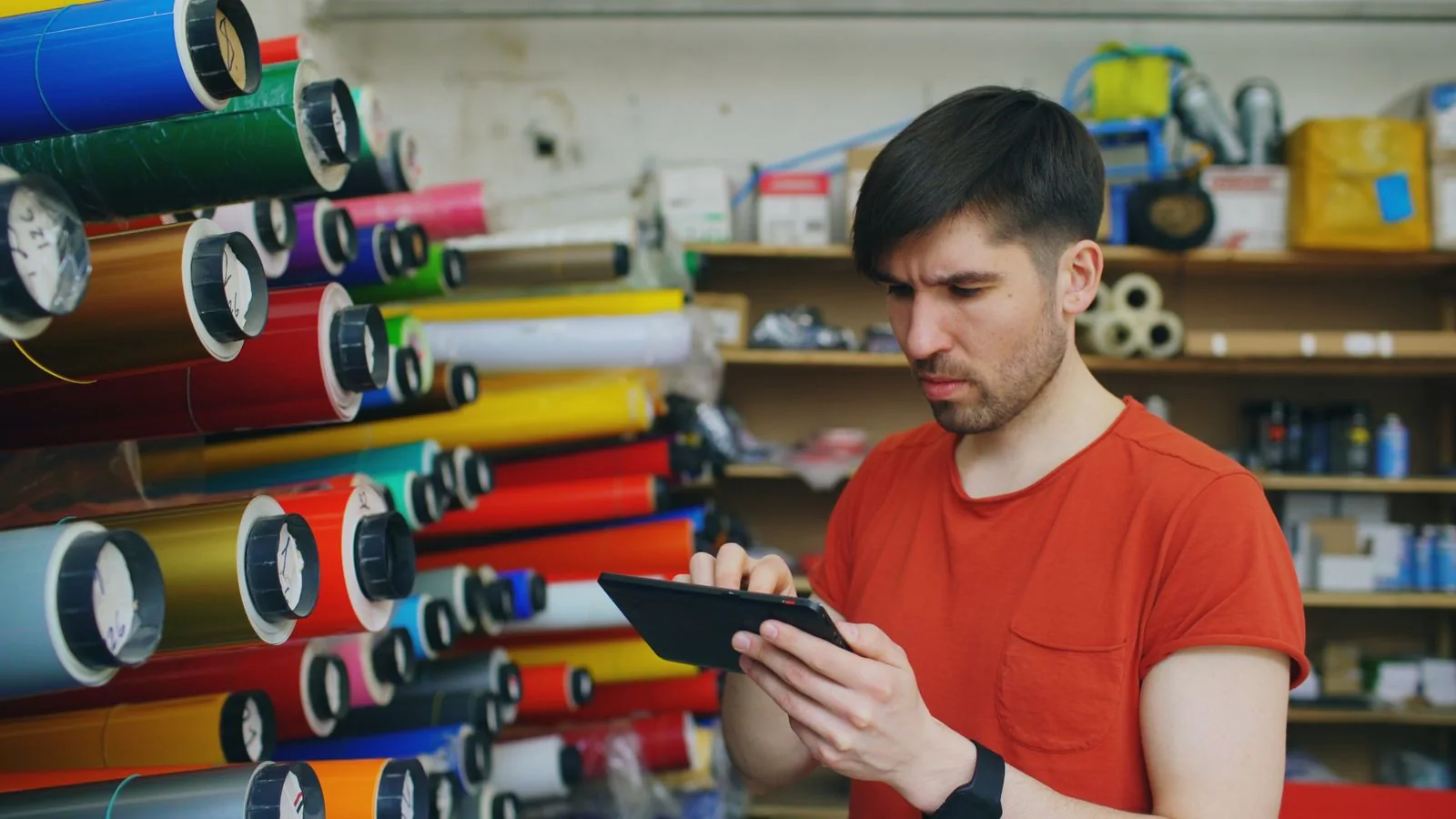 Real print shop with colourful paper rolls